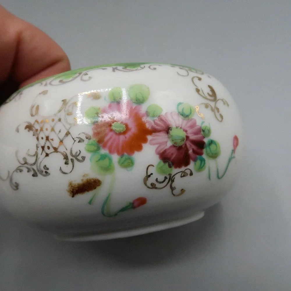 Nippon Hair Receiver Floral White Hand Painted Porcelain Green Trim Granny Core